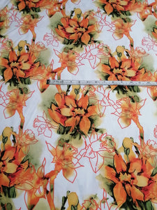 Polyester lycra - 150cm (60") - Fleuri orange et kaki